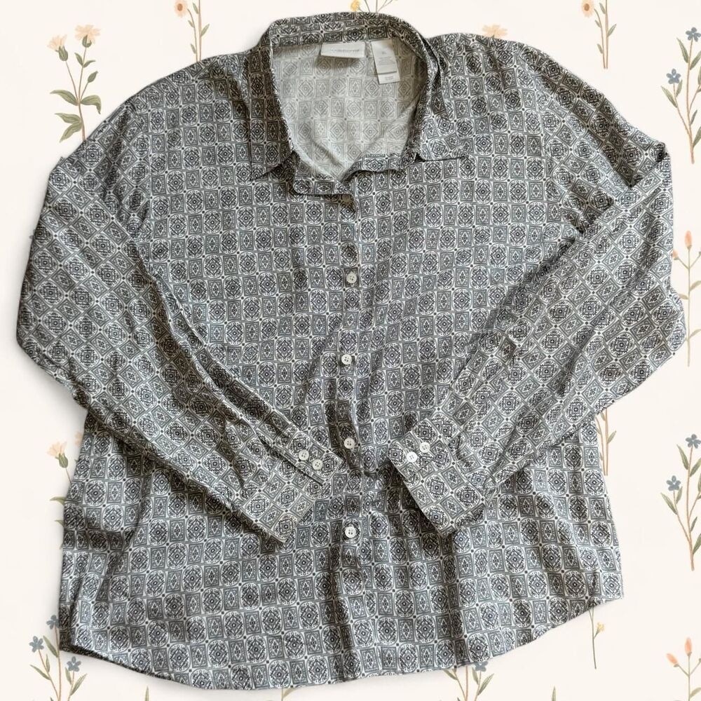 Vintage 90s Liz Claiborne Lizsport Geometric Print Rayon Blouse XL